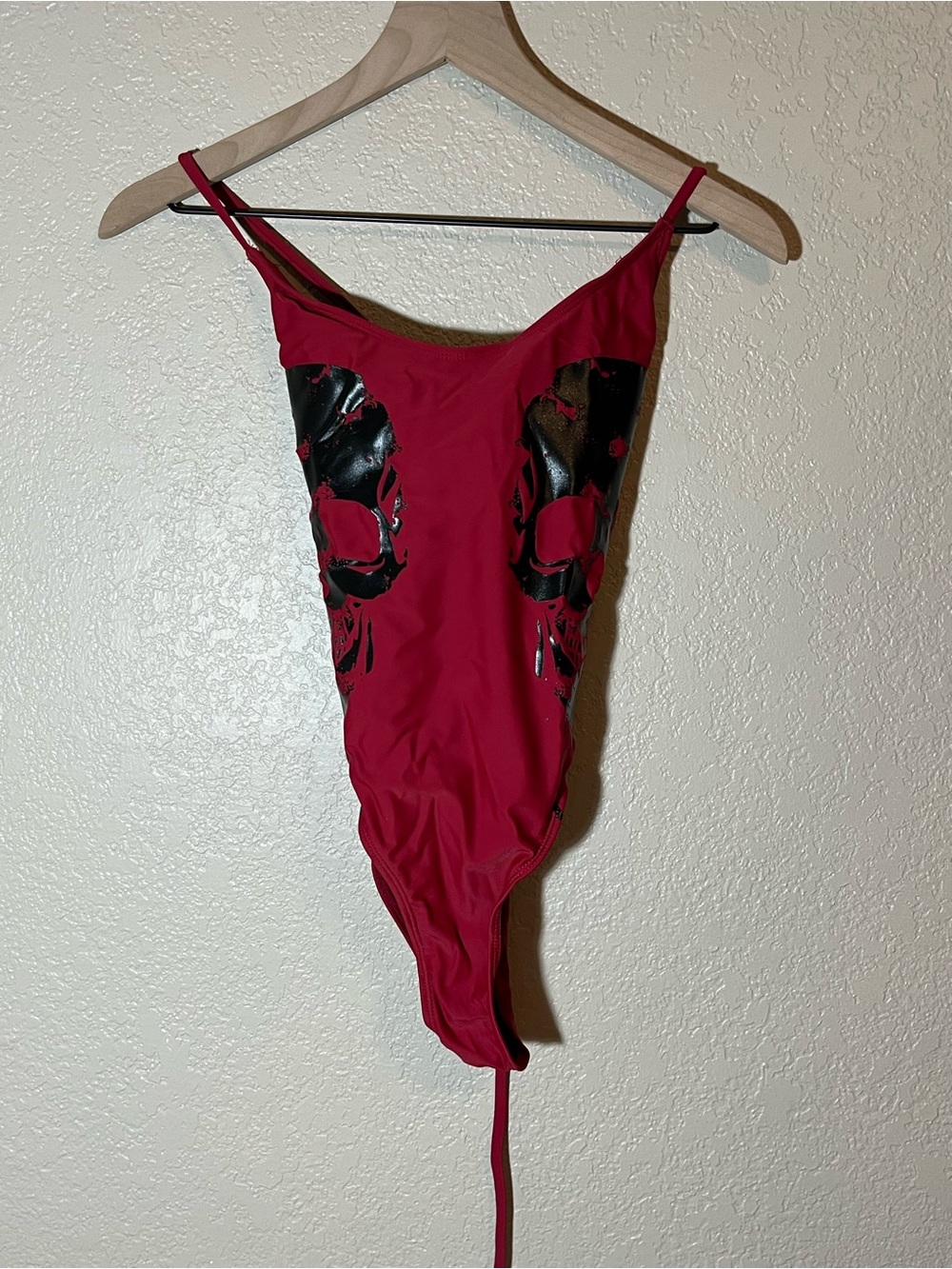 Red Strappy Women's Bodysuit with Black Skull Graphics